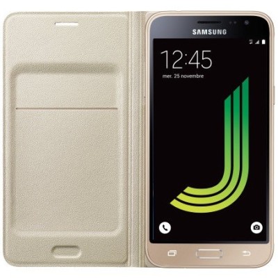Samsung Galaxy J3 2016 (J320) originalus Flip Wallet Cover atverčiamas auksinis odinis dėklas - piniginė / Priedai.lt