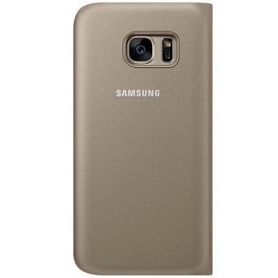 Samsung Galaxy S7 (G930) originalus Flip Wallet Cover atverčiamas auksinis odinis dėklas - piniginė / Priedai.lt