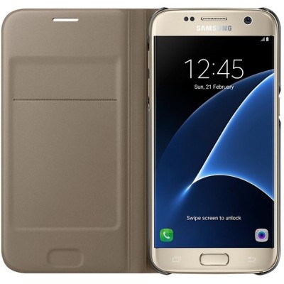 Samsung Galaxy S7 (G930) originalus Flip Wallet Cover atverčiamas auksinis odinis dėklas - piniginė / Priedai.lt