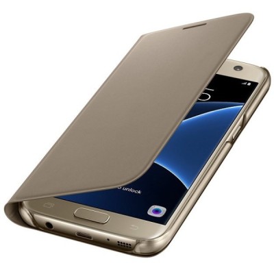 Samsung Galaxy S7 (G930) originalus Flip Wallet Cover atverčiamas auksinis odinis dėklas - piniginė / Priedai.lt