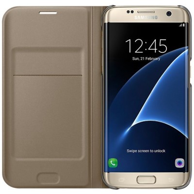 Samsung Galaxy S7 Edge (G935) originalus Flip Wallet Cover atverčiamas auksinis odinis dėklas - piniginė / Priedai.lt