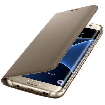 Samsung Galaxy S7 Edge (G935) originalus Flip Wallet Cover atverčiamas auksinis odinis dėklas - piniginė / Priedai.lt