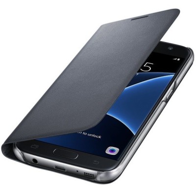 Samsung Galaxy S7 (G930) originalus Led View Cover atverčiamas juodas odinis dėklas - piniginė / Priedai.lt