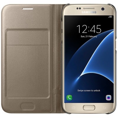 Samsung Galaxy S7 (G930) originalus Led View Cover atverčiamas auksinis odinis dėklas - piniginė / Priedai.lt