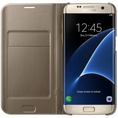 Samsung Galaxy S7 Edge (G935) originalus Led View Cover atverčiamas auksinis odinis dėklas - piniginė / Priedai.lt