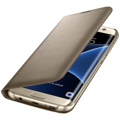 Samsung Galaxy S7 Edge (G935) originalus Led View Cover atverčiamas auksinis odinis dėklas - piniginė / Priedai.lt