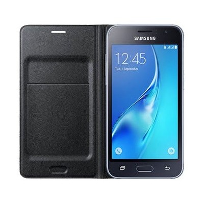 Samsung Galaxy J1 2016 (J120) originalus Flip Wallet Cover atverčiamas juodas odinis dėklas - piniginė / Priedai.lt
