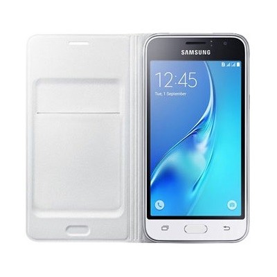 Samsung Galaxy J1 2016 (J120) originalus Flip Wallet Cover atverčiamas baltas odinis dėklas - piniginė / Priedai.lt