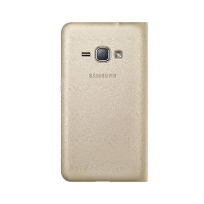 Samsung Galaxy J1 2016 (J120) originalus Flip Wallet Cover atverčiamas auksinis odinis dėklas - piniginė / Priedai.lt