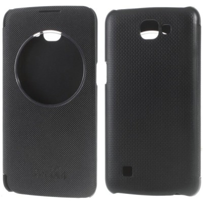 LG K4 (K120E) View Window juodas odinis atverčiamas dėklas su langeliu / Priedai.lt