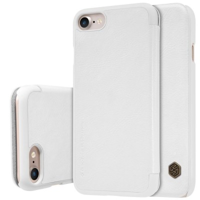 Prabangus „Nillkin“ Qin serijos baltas odinis atverčiamas Apple iPhone 7 (iPhone 8) dėklas / Priedai.lt