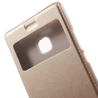 Huawei P9 Lite auksinis odinis atverčiamas „Smart Window“ dėklas su langeliu / Priedai.lt