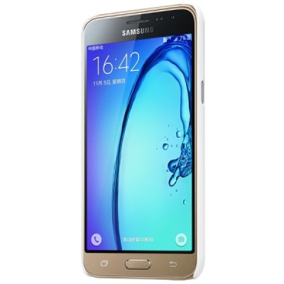 Nillkin Frosted Shield Samsung Galaxy J3 2016 baltas plastikinis dėklas + apsauginė ekrano plėvelė / Priedai.lt