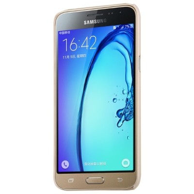 Nillkin Frosted Shield Samsung Galaxy J3 2016 auksinis plastikinis dėklas + apsauginė ekrano plėvelė / Priedai.lt
