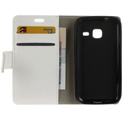 Samsung Galaxy J1 mini (J105) atverčiamas baltas odinis dėklas - piniginė / Priedai.lt