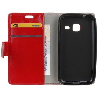 Samsung Galaxy J1 mini (J105) atverčiamas raudonas odinis dėklas - piniginė / Priedai.lt