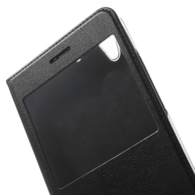 Huawei Y6 II (Huawei Y6 2) juodas odinis atverčiamas „Smart Window“ dėklas su langeliu / Priedai.lt
