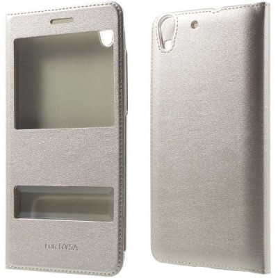 Huawei Y6 II (Huawei Y6 2) auksinis odinis atverčiamas „Smart Window“ dėklas su langeliu / Priedai.lt