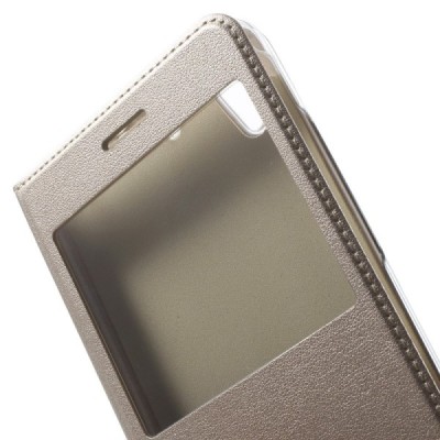 Huawei Y6 II (Huawei Y6 2) auksinis odinis atverčiamas „Smart Window“ dėklas su langeliu / Priedai.lt
