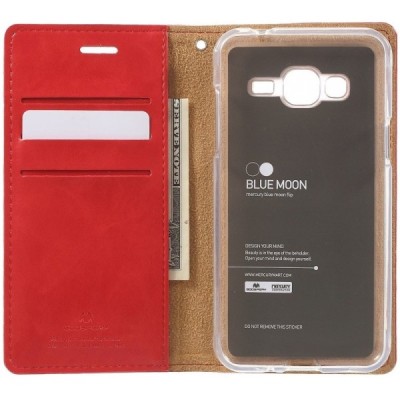 Mercury Blue Moon atverčiamas Samsung Galaxy J3 2016 (J310) raudonas odinis dėklas - piniginė / Priedai.lt