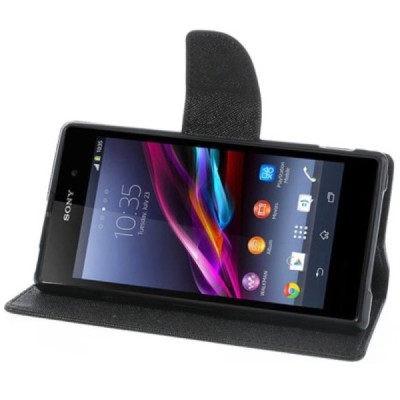 Sony Xperia Z1 (Honami L39h) „Mercury“ Fancy juodas odinis atverčiamas dėklas - piniginė / Priedai.lt