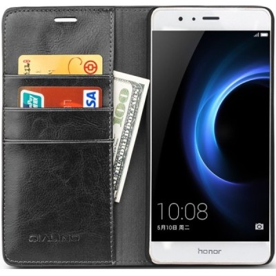 Honor 8 (Huawei Honor 8) „QIALINO“ atverčiamas juodas odinis dėklas - knygutė / Priedai.lt