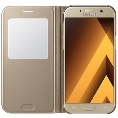 Samsung Galaxy A5 (2017) A520 originalus S View Cover atverčiamas auksinis dėklas su langeliu / Priedai.lt