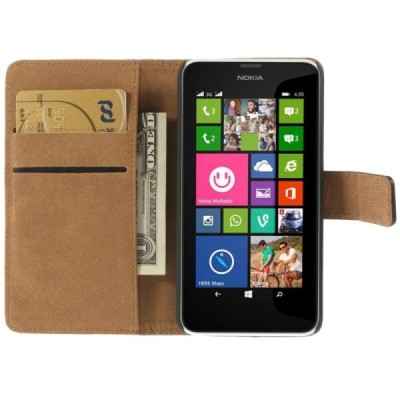 Nokia Lumia 635 atverčiamas juodas odinis dėklas - piniginė / Priedai.lt