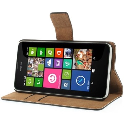 Nokia Lumia 635 atverčiamas juodas odinis dėklas - piniginė / Priedai.lt