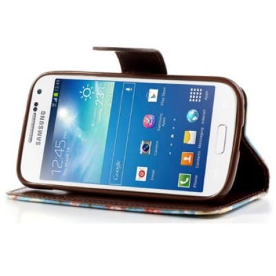 Atverčiamas Samsung Galaxy S4 mini rožių spalvotas dėklas (piniginė) - mėlynas / Priedai.lt