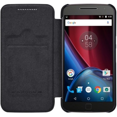 Prabangus „Nillkin“ Qin serijos juodas odinis atverčiamas Motorola Moto G4, Moto G4 Plus dėklas / Priedai.lt