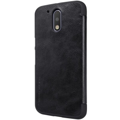 Prabangus „Nillkin“ Qin serijos juodas odinis atverčiamas Motorola Moto G4, Moto G4 Plus dėklas / Priedai.lt
