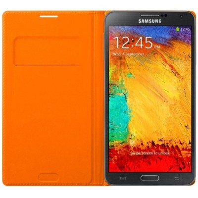 Samsung Galaxy Note 3 (N9005, N9002, N9000) originalus Flip Wallet atverčiamas oranžinis odinis dėklas / Priedai.lt