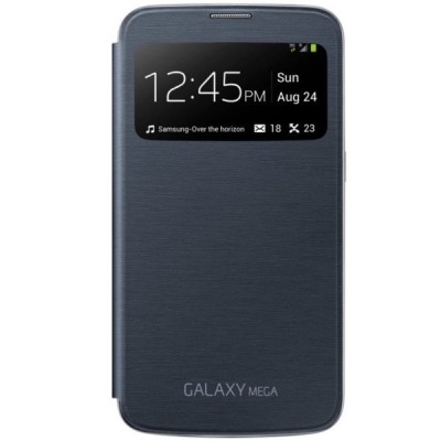 Samsung Galaxy Mega 6.3 (GT-19200, GT-I9205) originalus S View Cover atverčiamas juodas odinis dėklas / Priedai.lt