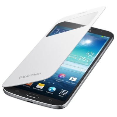 Samsung Galaxy Mega 6.3 (GT-19200, GT-I9205) originalus S View Cover atverčiamas baltas odinis dėklas / Priedai.lt
