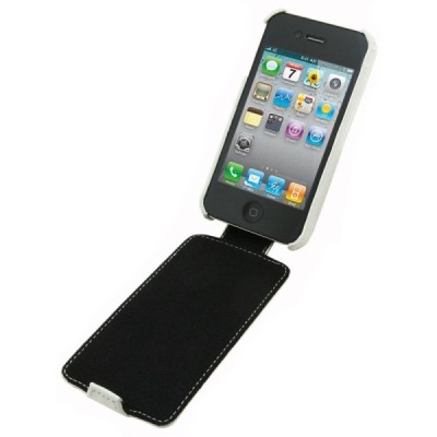 „Melkco“ klasikinis vertikaliai (į apačią, žemyn) atverčiamas baltas odinis Apple iPhone 4 / 4S dėklas / Priedai.lt