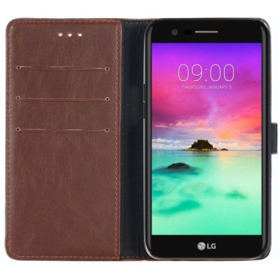 LG K10 2017 (X400, M250N) atverčiamas tamsiai rudas odinis retro dėklas - piniginė / Priedai.lt