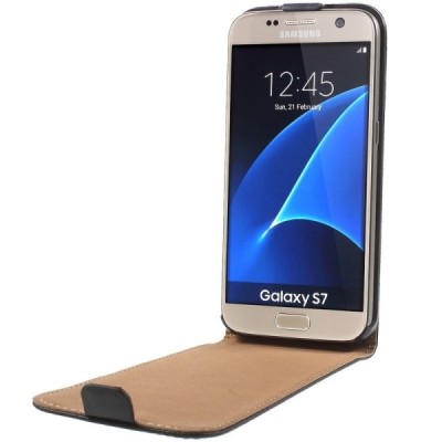 Samsung Galaxy S7 (G930) klasikinis vertikaliai atverčiamas juodas odinis dėklas / Priedai.lt