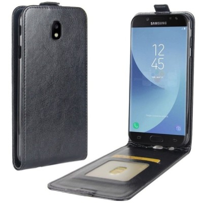 Samsung Galaxy J7 2017 (J730) klasikinis vertikaliai atverčiamas juodas odinis dėklas / Priedai.lt