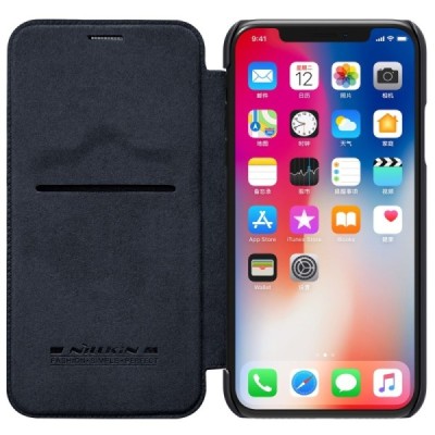 Prabangus „Nillkin“ Qin serijos juodas odinis atverčiamas Apple iPhone X (iPhone Xs) dėklas / Priedai.lt