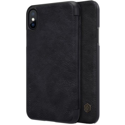 Prabangus „Nillkin“ Qin serijos juodas odinis atverčiamas Apple iPhone X (iPhone Xs) dėklas / Priedai.lt