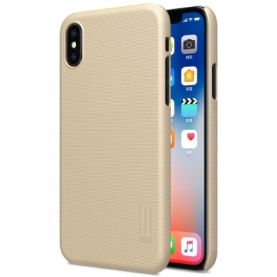 Nillkin Frosted Shield Apple iPhone X (iPhone Xs) auksinis plastikinis dėklas + apsauginė ekrano plėvelė / Priedai.lt