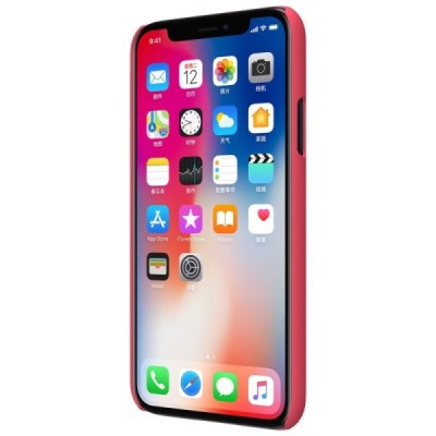 Nillkin Frosted Shield Apple iPhone X (iPhone Xs) raudonas plastikinis dėklas + apsauginė ekrano plėvelė / Priedai.lt
