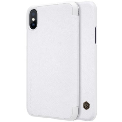 Prabangus „Nillkin“ Qin serijos baltas odinis atverčiamas Apple iPhone X (iPhone Xs) dėklas / Priedai.lt