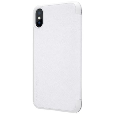Prabangus „Nillkin“ Qin serijos baltas odinis atverčiamas Apple iPhone X (iPhone Xs) dėklas / Priedai.lt