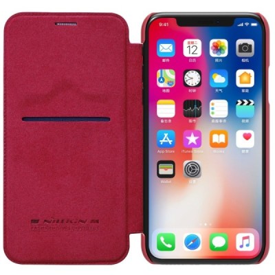 Prabangus „Nillkin“ Qin serijos raudonas odinis atverčiamas Apple iPhone X (iPhone Xs) dėklas / Priedai.lt