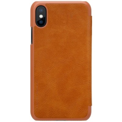 Prabangus „Nillkin“ Qin serijos rudas odinis atverčiamas Apple iPhone X (iPhone Xs) dėklas / Priedai.lt