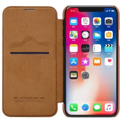 Prabangus „Nillkin“ Qin serijos rudas odinis atverčiamas Apple iPhone X (iPhone Xs) dėklas / Priedai.lt