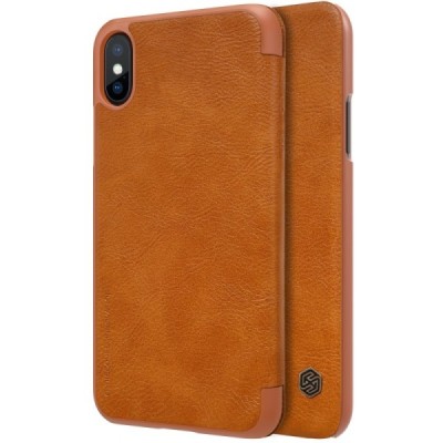 Prabangus „Nillkin“ Qin serijos rudas odinis atverčiamas Apple iPhone X (iPhone Xs) dėklas / Priedai.lt