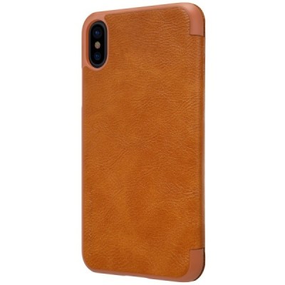 Prabangus „Nillkin“ Qin serijos rudas odinis atverčiamas Apple iPhone X (iPhone Xs) dėklas / Priedai.lt